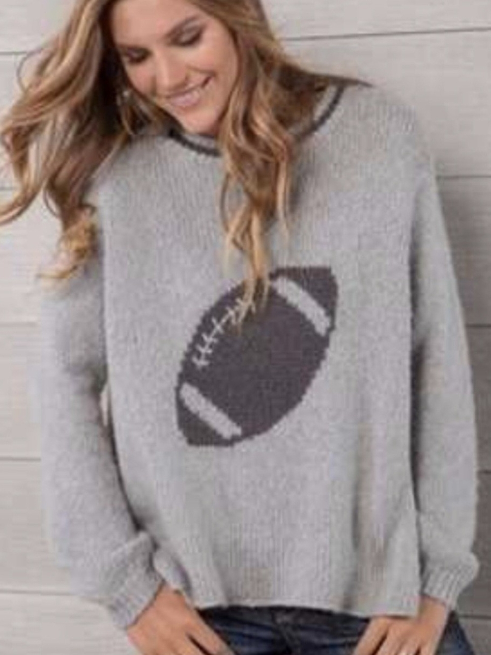 Wooden Ships Gray Knit Football Crewneck Sweater Relaxed Fit S/M S or M